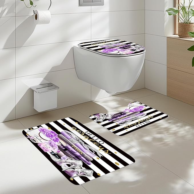 Cinbloo 4Pcs Black and Purple Shower Curtain Set,High Heels Perfume Striped Bathroom Curtain with Rug, Toilet Lid Cover, Bath Mat, Modern Floral Flower Magazine Books Shower Curtain with 12 Hooks
