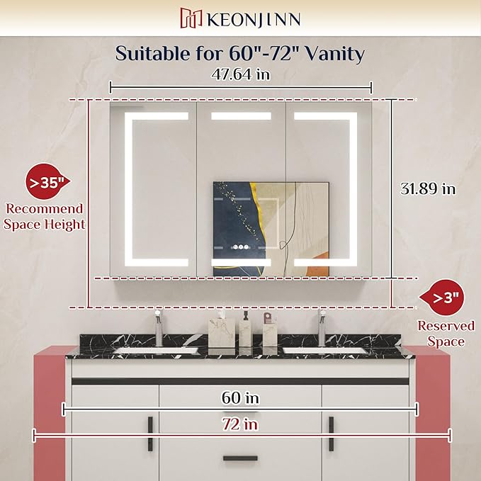 Keonjinn 48 x 32 Inch Lighted Medicine Cabinet for Bathroom with Outlets, Anti-Fog Lighted Medicine Cabinet with Mirror 3 Colors Dimmable, Tempered Glass 2-Side Front Lit Bathroom Mirror with Storage
