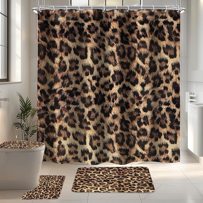 LIGHTINHOME 4 PCS Leopard Print Shower Curtain Set 72Wx72H,Toilet Lid Cover,Non-Slip Rugs and U-Shaped Mat,Wild Safari Cheetah Bathroom Sets with Rugs Shower Accessories 12 Hooks for Bathroom Decor