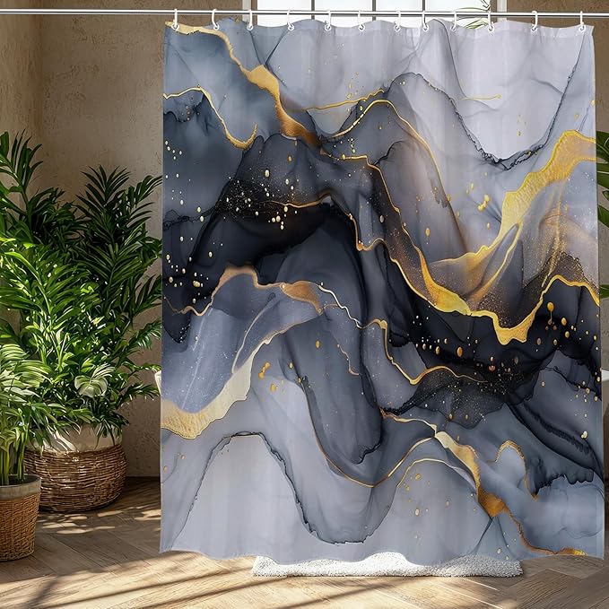 Black Marble Shower Curtain Ink Black Gold Ink Texture Abstract Luxury Watercolor Fabric Shower Curtains for Bathroom Decor 72x72 Inch