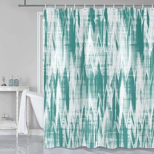 JAWO Teal Green Shower Curtain, Modern Abstract Pattern Machine Washable Home Bathroom Decorations, Aqua White Striped Wave Shower Curtain Set with Hooks Waterproof Fabric Bath Curtains Home Decor