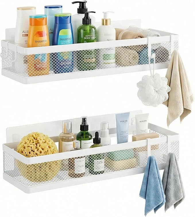 PUSDON 16.5-Inch Extra Long Slim Mesh Shower Caddy, Wall Mounted Bathroom Organizer with Adhesive, Heavy Duty Rustproof Shelf for Narrow Kitchen Pantry & RV, Holds 50 LBS 2-Pack - White Netting