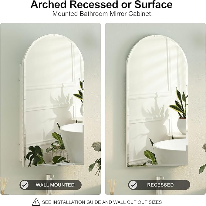 Beveled Edge Arched Recessed Medicine Cabinet with Mirror,Frameless Arched Mirror Medicine Cabinet for Bathroom,Mirrored Cabinets for Bathroom Wall Cabinet with 3 Glass Shelves,16x31