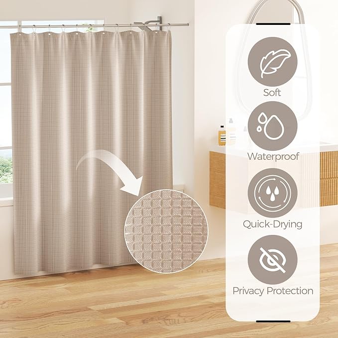 Bathroom Accessories Set - Beige Bathroom Set with Shower Curtain and Rugs, Trash Can, Toilet Brush with Holder, Soap Dispenser, Toothbrush and Toothpaste Holder, Cup, Soap Dish, Qtip Holders, Tray