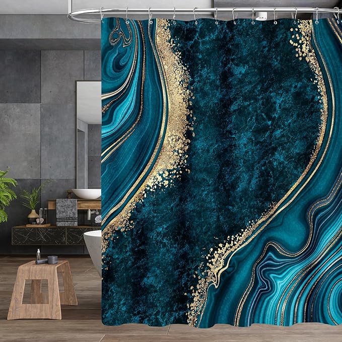 4PCS Teal Blue Gold Marble Bathroom Sets with Shower Curtain and Rugs, Abstract Gold Shower Curtain Sets with Rugs, Modern Bathroom Curtains Shower Set Accessories