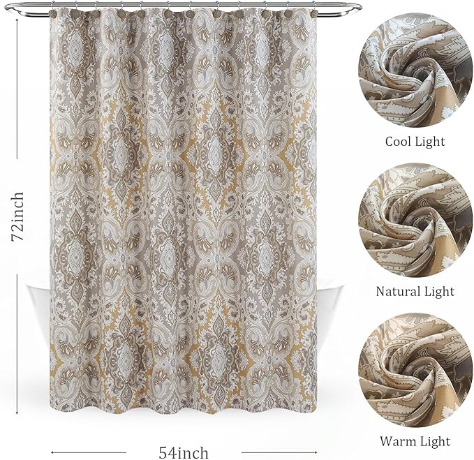 Waterproof Shower Curtain, Beige Grey Boho Paisley Damask Pattern Fabric Bath Curtain for Bathroom，54" W x 72" H