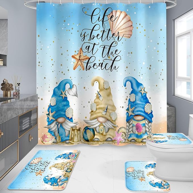 Litabel 4 Pcs Summer Gnomes Shower Curtain Set with Non-Slip Rugs, Toilet Lid Cover and Bath Mat, Sea Beach Starfish Country Bathroom Decor Set with Shower Curtain and Rugs(Hooks Not Included)