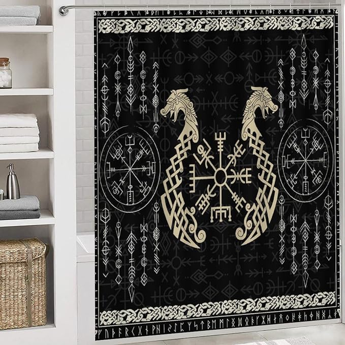 Brebasf Norse Vikings 4 Pcs Waterproof Shower Curtain Set Abstract Dragon Retro Mystical Symbol Compass with Waterproof Toilet Cover Shower Mat Rugs,72" W x 72" L