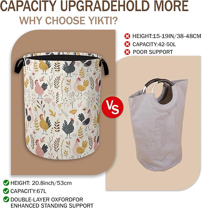 Laundry Hamper,Rustic Roosters Laundry Basket,Farmhouse Leaves Portable Collapsible Laundry Room Organization Storage for Dorm Room,Nursery,Bathroom,Bedroom,16x20 Inch