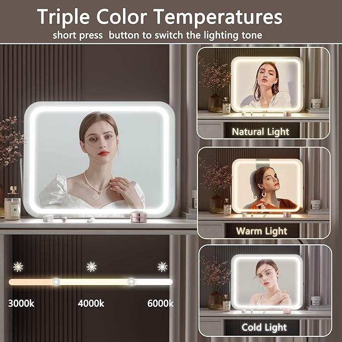 Hasipu Vanity Mirror with Lights, 14" x 10" LED Makeup Mirror, 3 Modes Light, Smart Touch Control Dimmable, 360°Rotation, Rectangle White Frame, with 5X Magnifying Glass