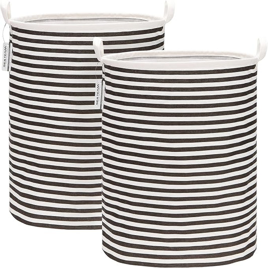 Sea Team 2-Pack 19.7 Inches Large Sized Waterproof Coating Ramie Cotton Fabric Folding Laundry Hamper Bucket Cylindric Burlap Canvas Storage Basket (19.7", Black & White Stripe)