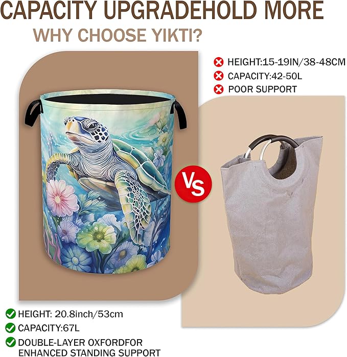 Sea Turtle Laundry Hamper,Ocean Flower Coral Clothes Hamper for Laundry,Waterproof Oxford Toy Storage Collapsible Hampers for Bedroom, Dorm Room,Bathroom,16x20 Inch