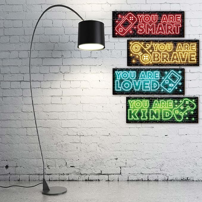 YLOLUL 4 Pieces Neon Gaming Decor for Boys Room Wooden Video Game Wall Art Print Motivational Quote Gamer Hanging Plaques Wall Decor for Boys Kids Room Bedroom Playroom Decorations, 16 X 5 Inches