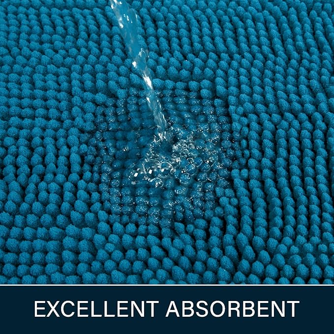 LOCHAS Luxury Bathroom Rug Shaggy Bath Mat 24 x 60 Inch, Washable Non Slip Bath Rugs for Bathroom Shower, Soft Plush Chenille Absorbent Carpets Mats, Peacock Blue