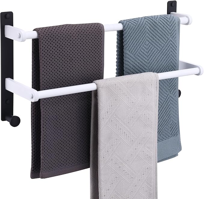 Bathroom Double Towel Rack with Hooks, 18-Inch Towel Bar - Stainless Steel Wall Mounted Towel Holder, White & Black