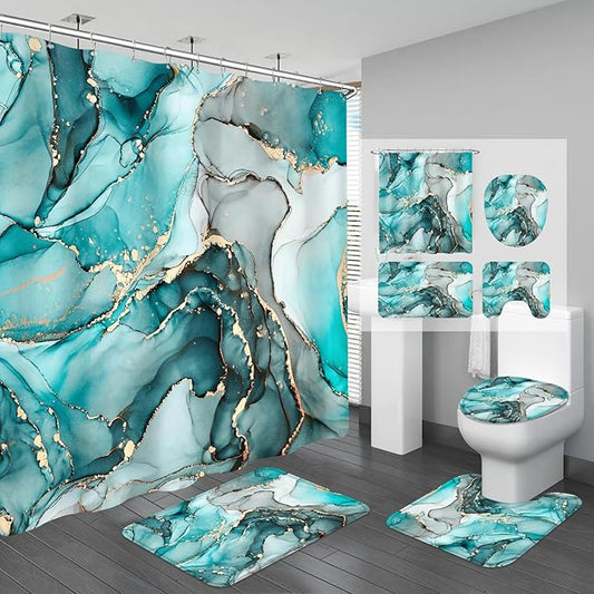 4PCS Teal Blue Marble Shower Curtain Sets with Rugs, Gold Abstract Bathroom Sets with Shower Curtain and Rugs, Modern Bathroom Curtains Shower Set with Accessories for Bathroom Decor