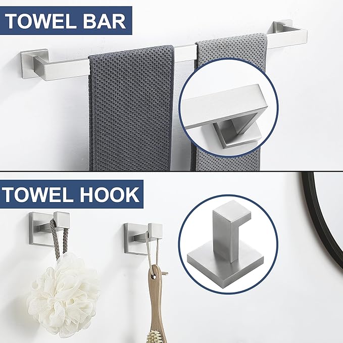 10 Pieces Bathroom Hardware Accessories Set Brushed Nickel,24 Inch Bathroom Towel Rack Set SUS304 Stainless Steel, Square Bath Towel bar Set Heavy Duty, Wall Mounted