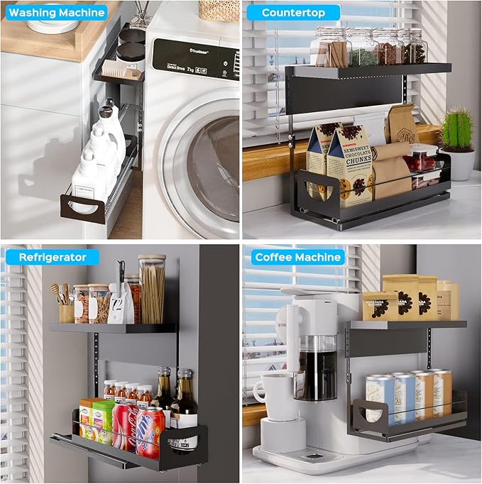 Heavy-Duty Magnetic Shelf With Pull-Out Drawers for Washing Machines, Dryers and Fridge; Height-adjustable Magnetic Shelf, Ideal for Storage in Laundry Rooms, Kitchens, and Living Rooms (Black)