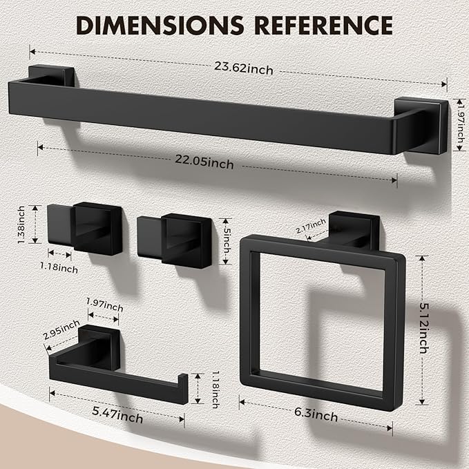 Bathroom Accessory Towel Bar Set: 5 Pieces Matte Black Square Bathroom Hardware SUS304 Stainless Steel - 24 Inch Wall Mounted Towel Rack&Toilet Paper Holder&Towel Ring and Towel Hook
