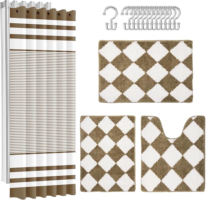 Britimes Brown Stripes Bathroom Sets with Shower Curtain and Rugs, Ombre Modern Minimalist Striped Waterproof Shower Curtain Liner and Soft Non Slip Bath Mat for Bathroom Decor and Accessories Hooks