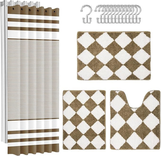 Britimes Brown Stripes Bathroom Sets with Shower Curtain and Rugs, Ombre Modern Minimalist Striped Waterproof Shower Curtain Liner and Soft Non Slip Bath Mat for Bathroom Decor and Accessories Hooks