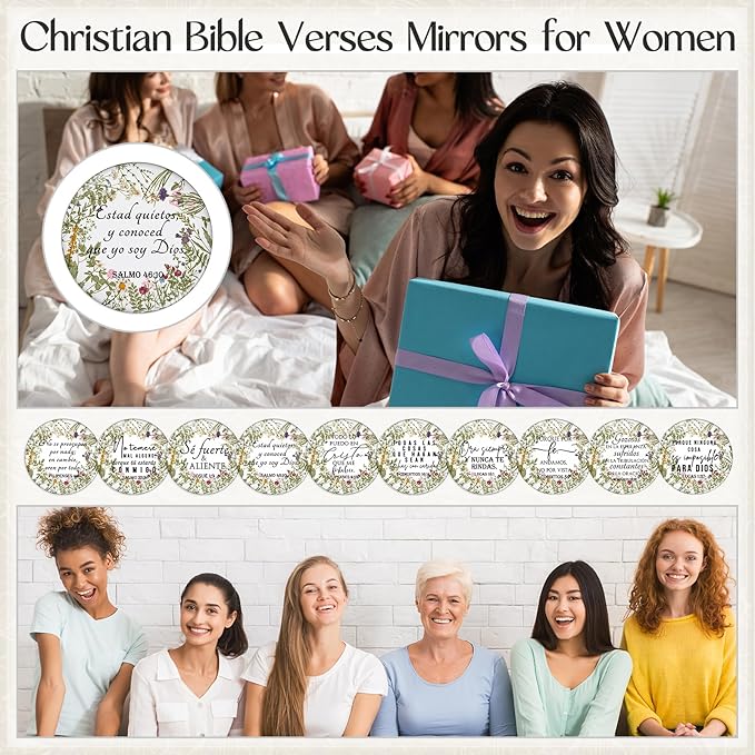 GlikCeil 40 Pcs Christian Compact Mirrors Bulk for Women Inspirational Bible Verse Pocket Mirror Mini Purse Makeup Mirror Christian Church Gift for Mother's Day Mom Church Party Favor (Spanish Bible)