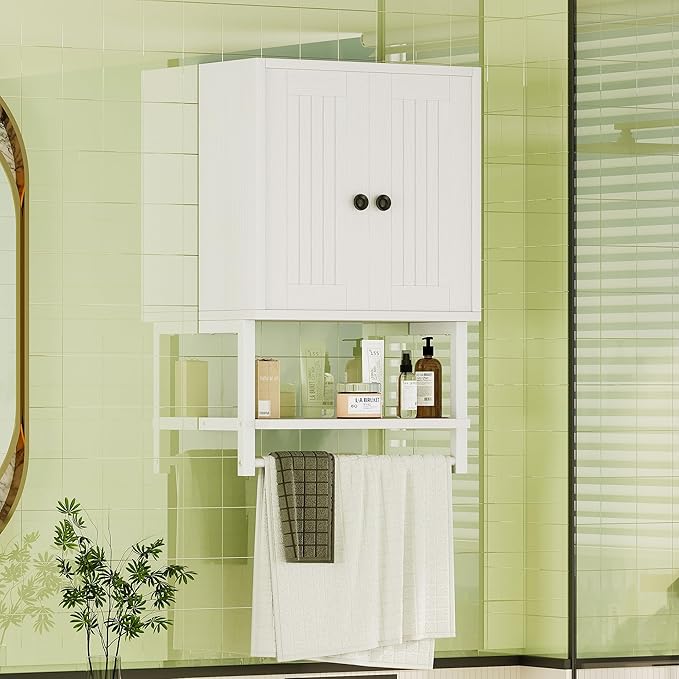 Homeiju Small Farmhouse Style Rustic Medicine Cabinet with Two Barn Doors, Wooden Wall Mounted Storage Cabinet with Shelf and Towel Bar for Bathroom, Living Room, Kitchen, White