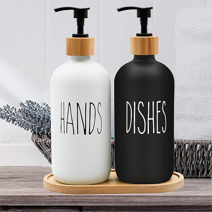 Sunrise Premium 16 OZ Thick White & Black Glass Soap Dispenser, Bamboo Pump with Tray 2 Pack, Hand and Dish Soap Dispenser Set for Bathroom with 6 Waterproof Labels