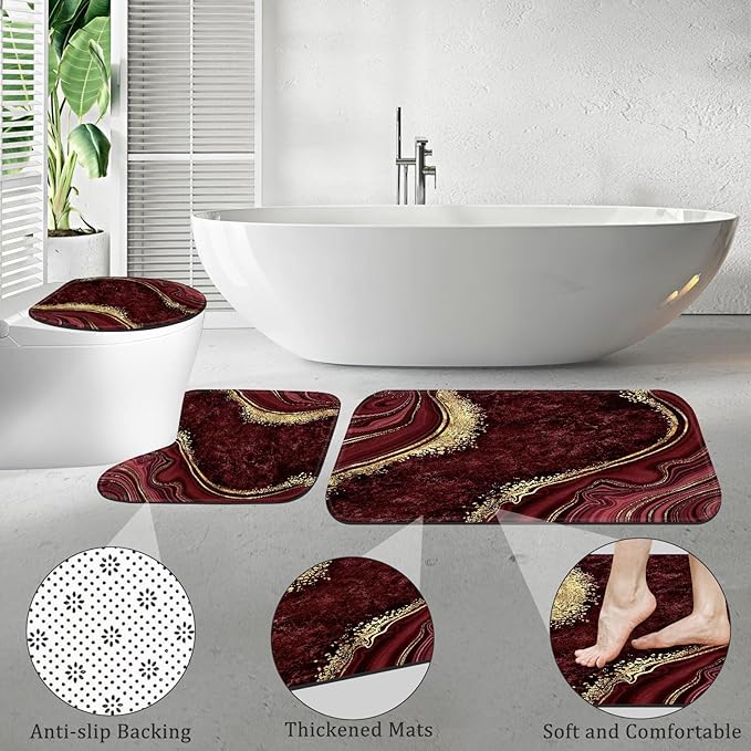 4PCS Burgundy Red Marble Bathroom Sets with Shower Curtain and Rugs, Abstract Gold Shower Curtain Sets with Rugs, Bathroom Curtains Shower Set with Toilet Lid Cover Accessories