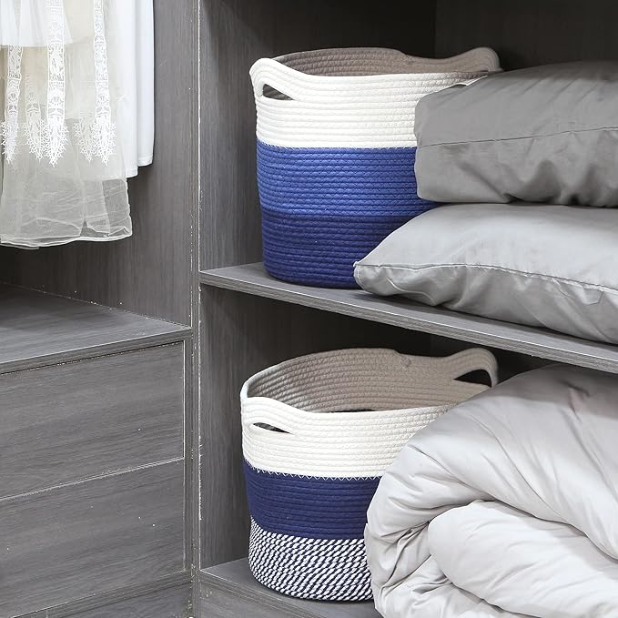 Sea Team Oval Large Cotton Rope Woven Storage Basket with Handles, Diaper Caddy, Baby Shower Basket, Nursery Nappies, Clothes Toys Organizer for Kid's Room, 16 x 13 inches, White & Navy