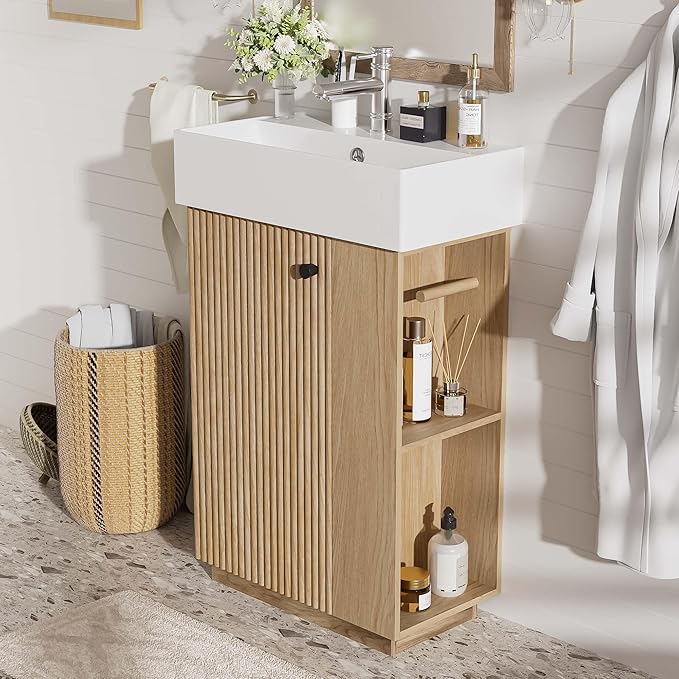 Virubi 21.6" Small Fluted Bathroom Vanity with Sink,Soft Closing Doors and Storage Shelves,Natural Wood Single Bathroom Sink Cabinet Combo Freestanding, Natural Wood
