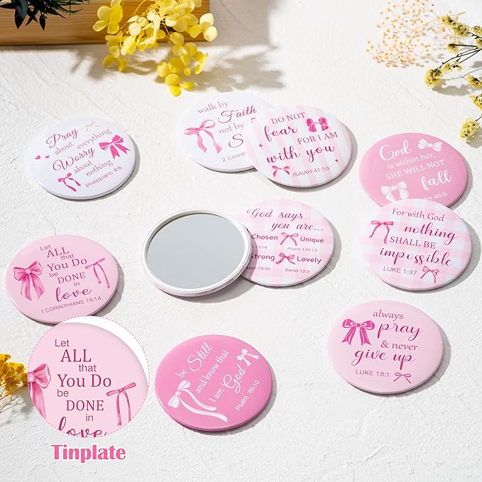 Y1tvei Bow Bible Compact Mirrors - 36Pcs Bowtie White Pink Bible Verse Mini Compact Mirrors, Bow Knot Small Portable Round Pocket Mirror Christian Inspirational Church Party Favors Gifts for Women