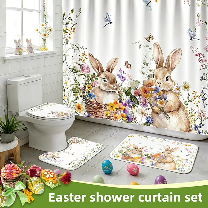 Easter Shower Curtain Set for Bathroom, Easter Rabbits Shape Red Bathroom Supplies for Spring Accessories Decor Set, Non Slip Rugs Toilet Lid Cover U Shape Bath Mat and 12 Hooks