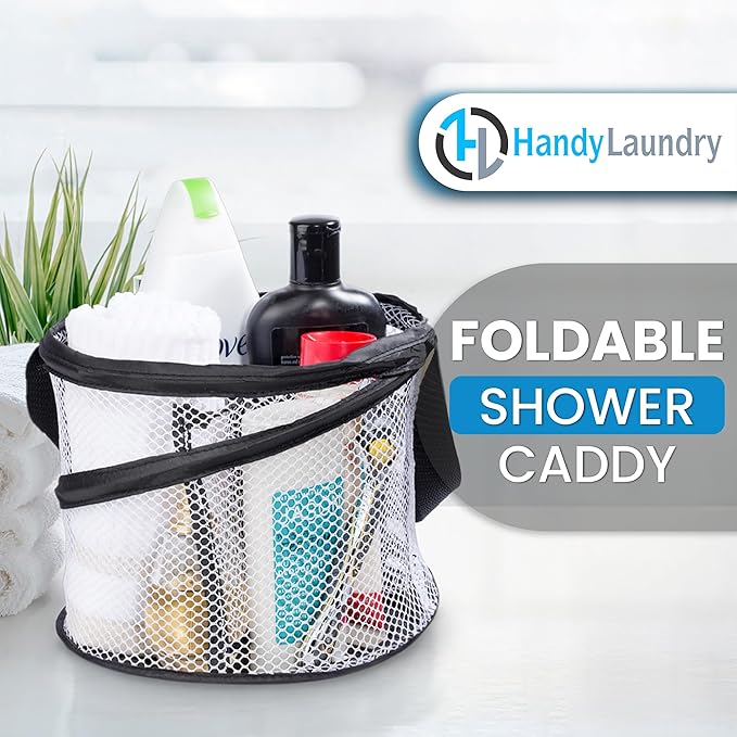 Handy Laundry Mesh Shower Caddy – Portable Hanging Organizer with Handle, Quick Dry, Large Compartments, Foldable Tote for Dorm Room, College, Gym, Travel, Bathroom Essentials, Black