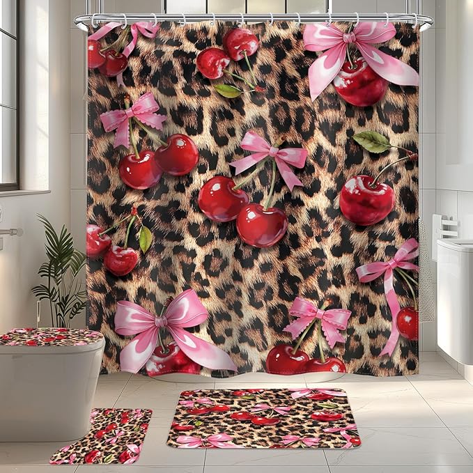 LIGHTINHOME 4 PCS Bow Cherry Leopard Shower Curtain Set 72Wx72H,Toilet Lid Cover,Non-Slip Rugs and U-Shaped Mat,Wildlife Cheetah Bathroom Sets with Rugs Shower Accessories 12 Hooks for Bathroom Decor