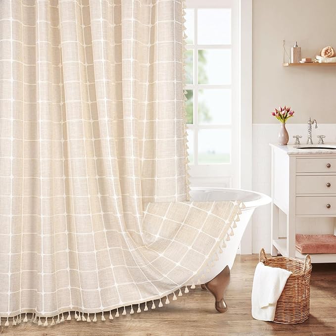 MitoVilla Cream Boho Extra Long Shower Curtain 72 x 84, Modern Farmhouse 84 inch XL Polyester Linen Texture Tassel Fabric Shower Curtain Set with Hooks for Cottagecore Country Bathroom Decor, Beige