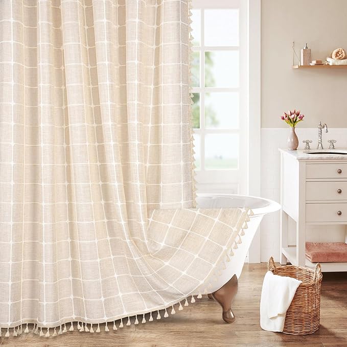 MitoVilla Beige Boho Shower Curtains for Modern Farmhouse Bathroom Decor, Cream Vintage Country Thick Polyester Linen Fabric Shower Curtain, Rustic Tassel Cloth Shower Curtain, 72 x 72