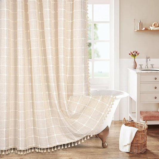 MitoVilla Beige Boho Shower Curtains for Modern Farmhouse Bathroom Decor, Cream Vintage Country Thick Polyester Linen Fabric Shower Curtain, Rustic Tassel Cloth Shower Curtain, 72 x 72