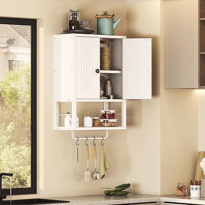 Homeiju Rustic Wall Mounted Medicine Cabinet, White Wood Storage Cabinet with Two Barn Doors, Shelf and Towel Bar for Bathroom, Living Room, Kitchen, White