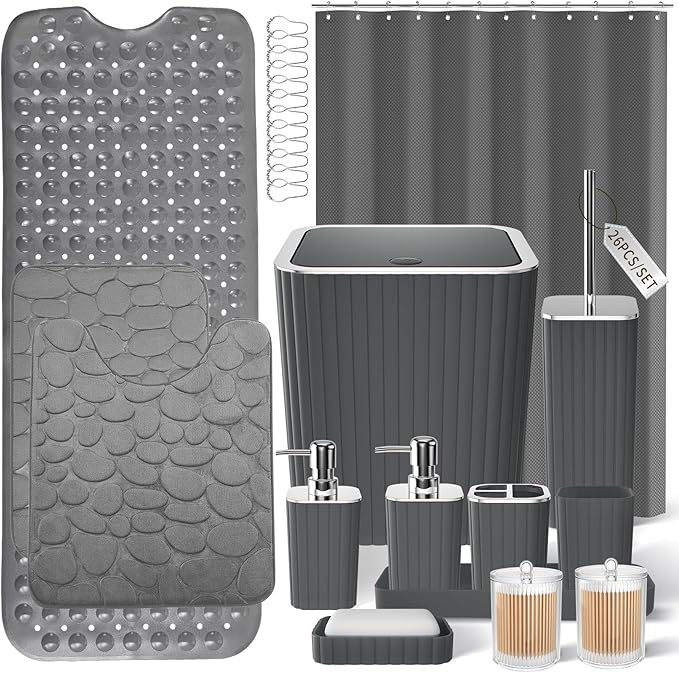 XLHOMO 26PC Bathroom Accessories Set - Gorgeous Grey Bathroom Set, Bathroom Accessory Set, Shower Curtain Set with Bathtub Mats for Shower Tub, Trash Can & Soap Dispenser