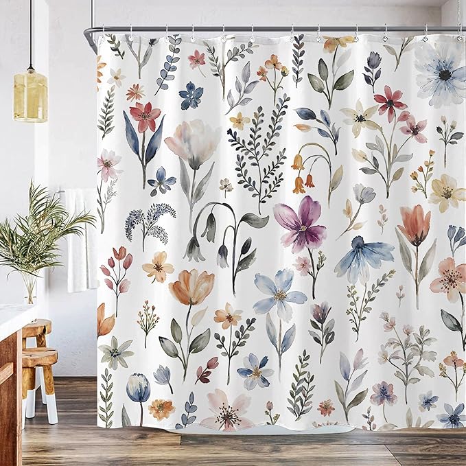 Aipon Watercolor Floral Shower Curtain Colorful Spring Flower Shower Curtains for Bathroom Boho Grey Pink Wildflower Botanical Leaf Waterproof Fabric Bath Curtain Decor 72 X 72 Inches