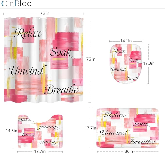 Cinbloo 4Pcs Pink Gold Shower Curtain Set,Modern Abstract Words Ombre Blush Oil Painting Girls Simple Bathroom Curtain with Rug, Toilet Lid Cover, Bath Mat,Minimalist Shower Curtain with 12 Hooks