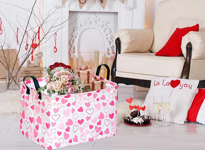 MAIZMZ Girls Gift Basket Heart Print Storage Cube for Women, Closet Shelf Organizer Bins Empty Gift Basket with Handles Nursery hamper Kids Toys Books Box Room Deco