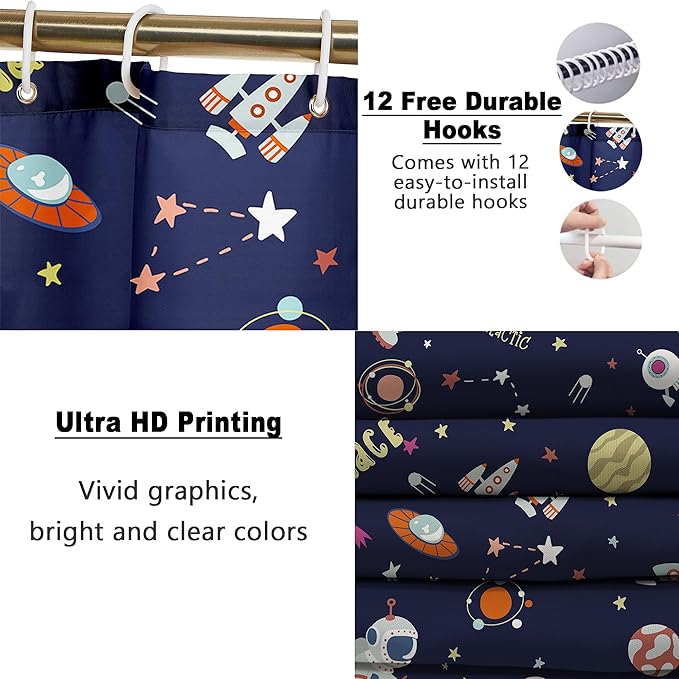 Poedist 4 Pcs Bathroom Shower Curtain Set,Kid's Bathroom Set, Space Shower Curtain Sets with Rugs(Bath Mat,U Shape and Toilet Lid Cover Mat) and 12 Hooks