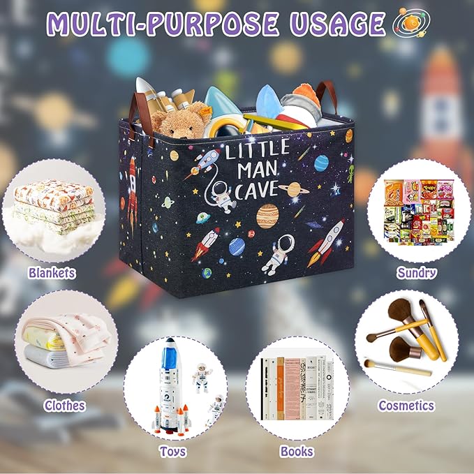 Astronaut Rockets Nursery Laundry Hamper,Space Storage Basket with Inspirational Quotes,Planets Boy Room Decor Shelf Basket ,Rectangular Clothes Book Toy Storage Bin (Black)