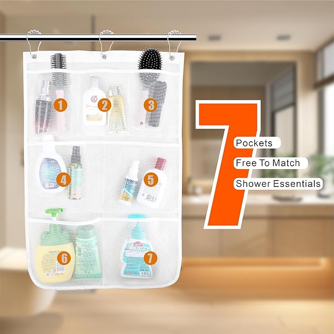 Mesh Shower Caddy Hanging, 7 Pockets Hanging Bathroom Organizer with Quick Dry Mesh, Portable, Can Store Soap, Loofah Shampoo and Cruise Ship Essentials, 17 Inch by 26 Inch, White, 2 Pack
