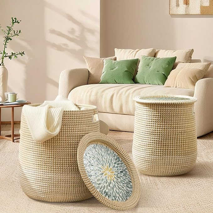 Laundry Hamper Basket with Lid - 2 Pack Natural Seagrass Handmade Storage Hamper, Removable Washable Liner, Storage Basket for Clothes Toys, Decorative Organizer for Bedroom, Bathroom, Living Room
