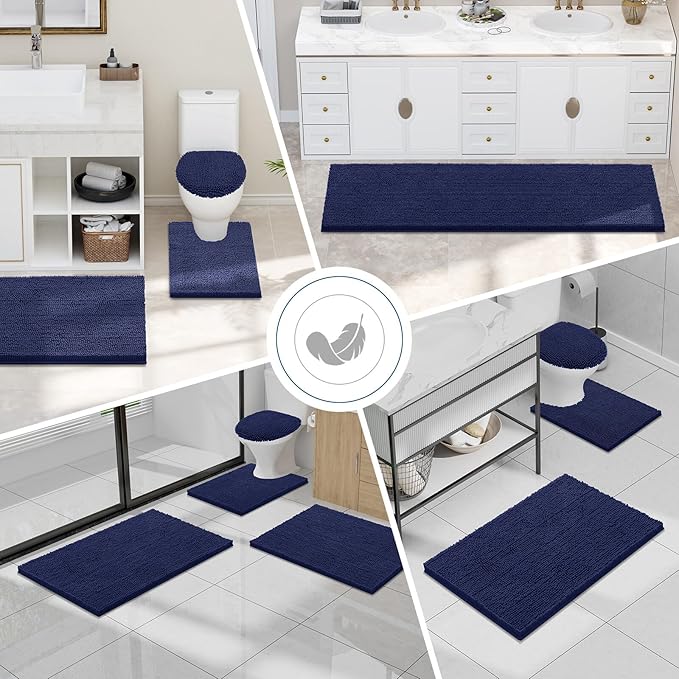 Smiry Luxury Chenille Bathroom Rugs 40x24, Extra Soft and Absorbent Shaggy Bath Mat, Machine Washable, Non-Slip Plush Carpet Runner for Tub, Shower, and Floor, Home Decor Accessories, Navy Blue