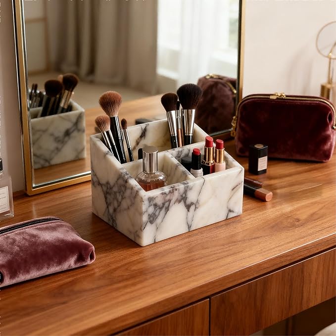 Marble Desk Organizer with 3 Compartments, White and Purple Pattern, Modern Design (White)