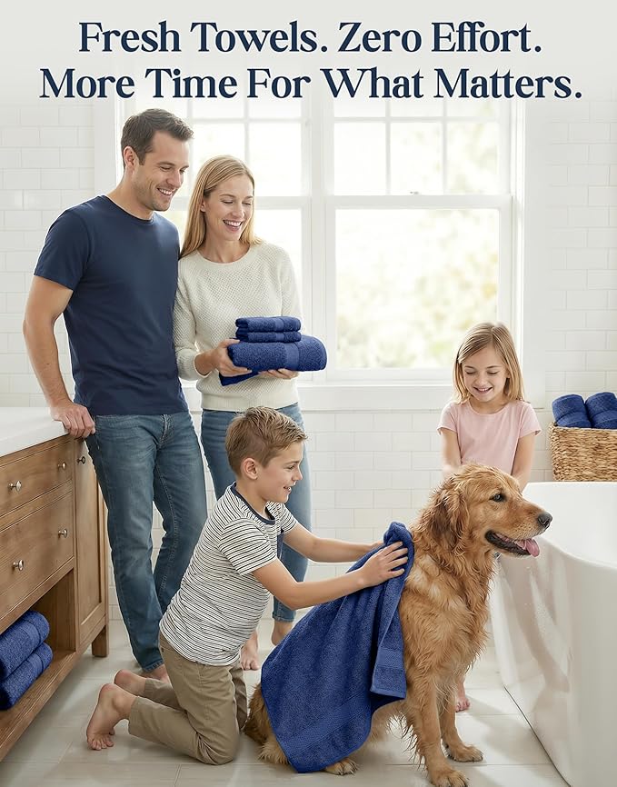 LANE LINEN 100% Cotton Luxury Towel Set for Bathroom - 16 Pieces, Ring Spun - Plush, Soft & Highly Absorbent - 4 Shower Towels, 8 Washcloths, 4 Hand Towels - Complete Bathroom Towel Set - Navy Blue
